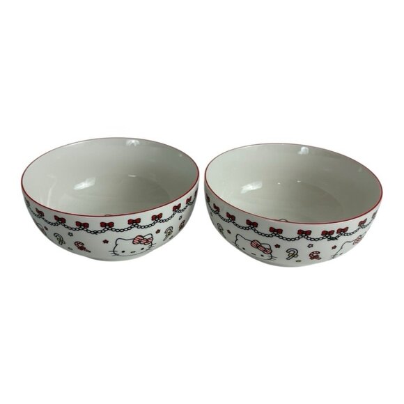 Hello Kitty Christmas Holiday Candy Cane Ceramic Bowl by Sanrio Set of 2 6" NEW - Picture 2 of 9